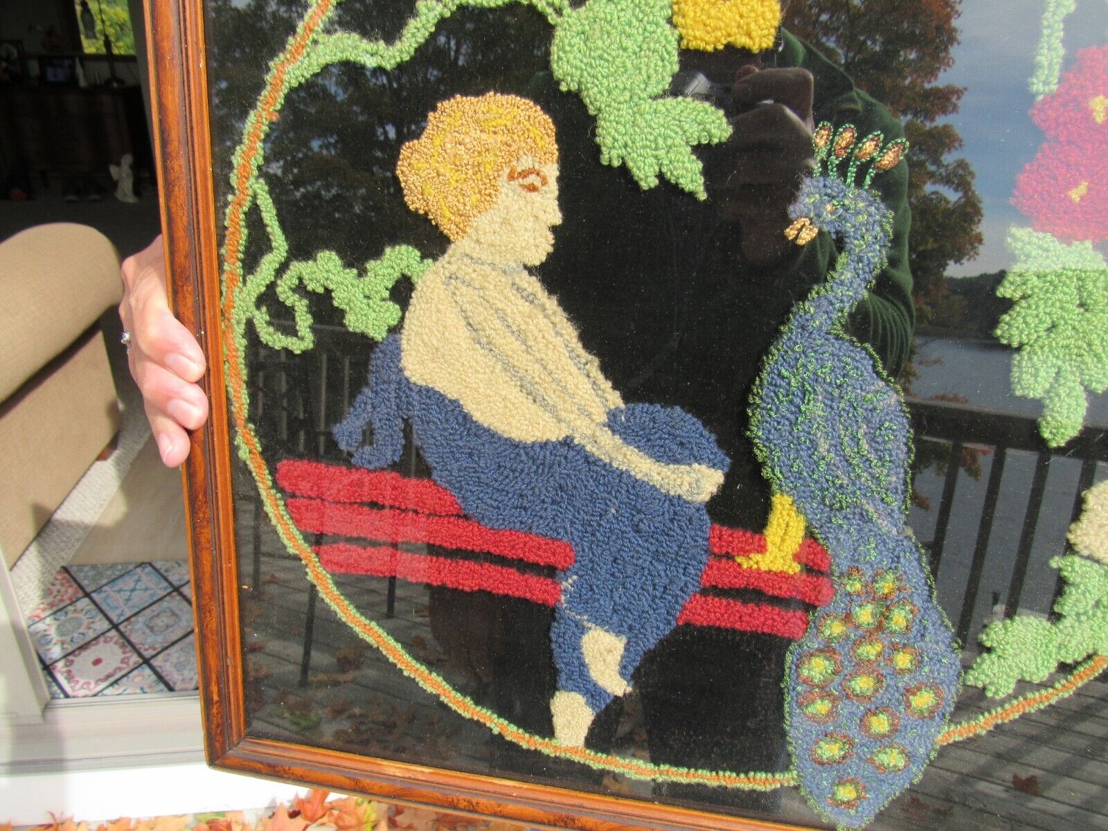 1800s Americana Hooked Rug with Woman & Peacock