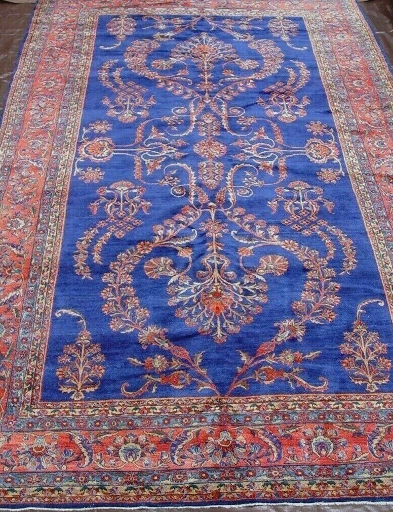 Antique 1900s Sarouk Blue Hand-Knotted Oriental Rug