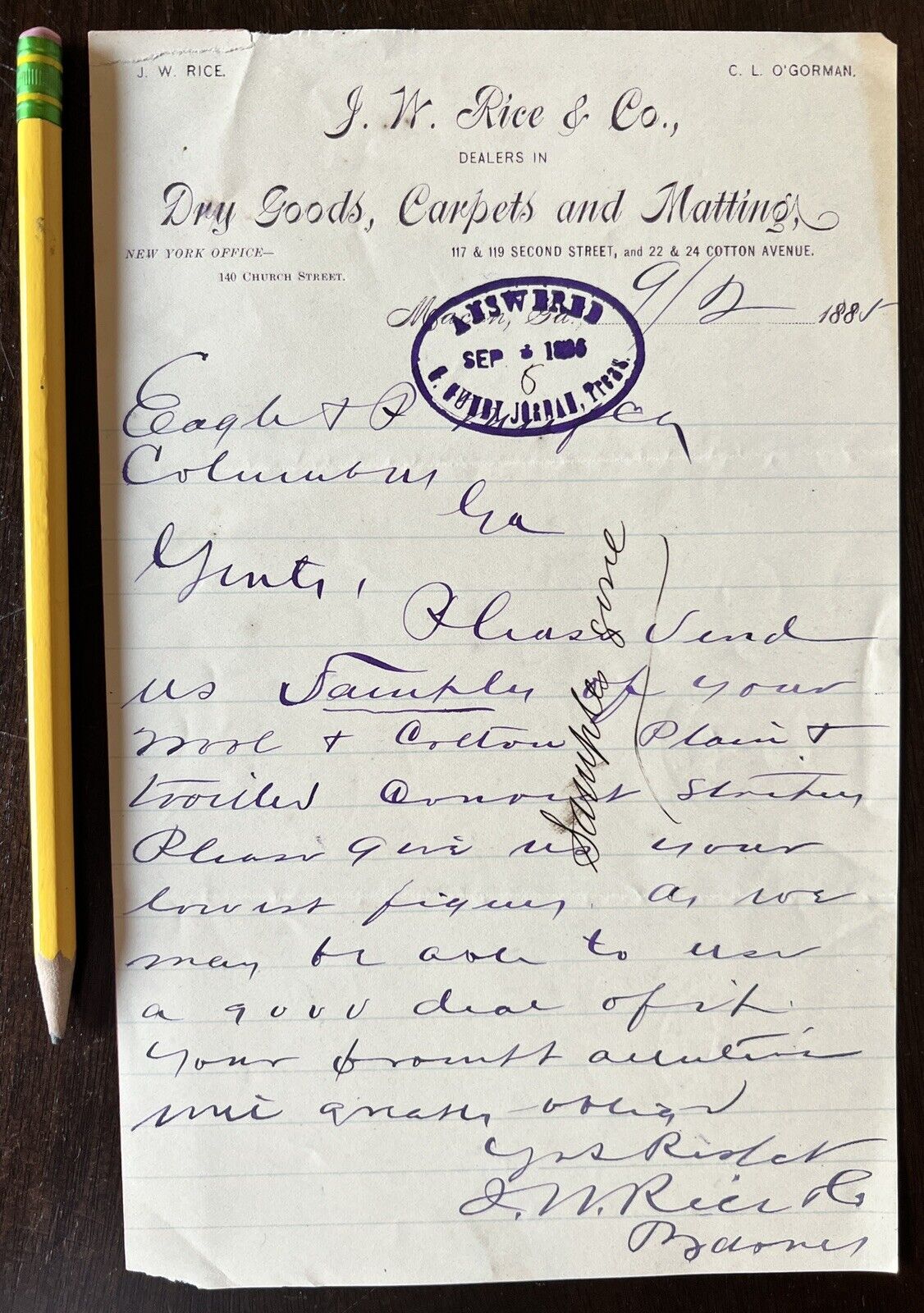 1885 J.W. Rice Antique Letterhead from New York