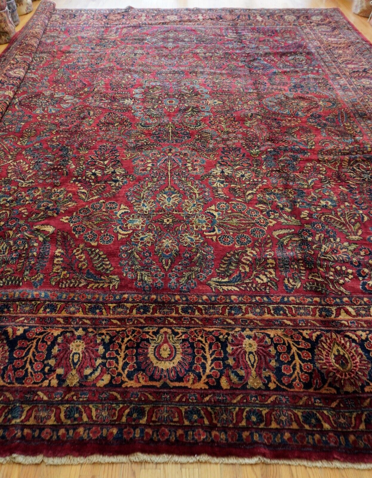 Large Vintage 1900s Sarouk Floral Wool Rug