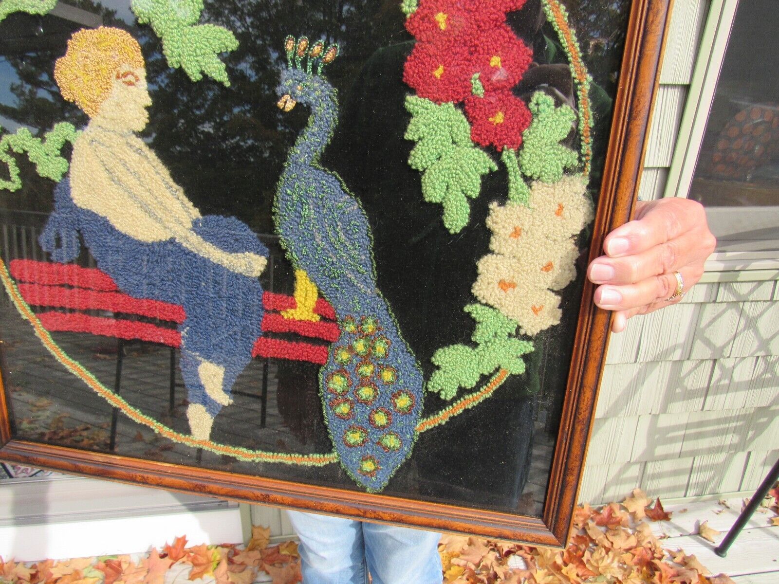 1800s Americana Hooked Rug with Woman & Peacock