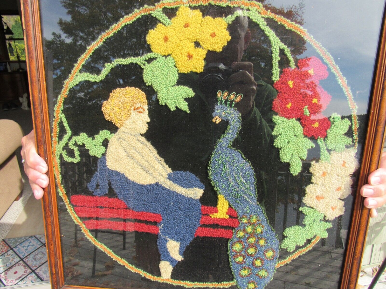 1800s Americana Hooked Rug with Woman & Peacock
