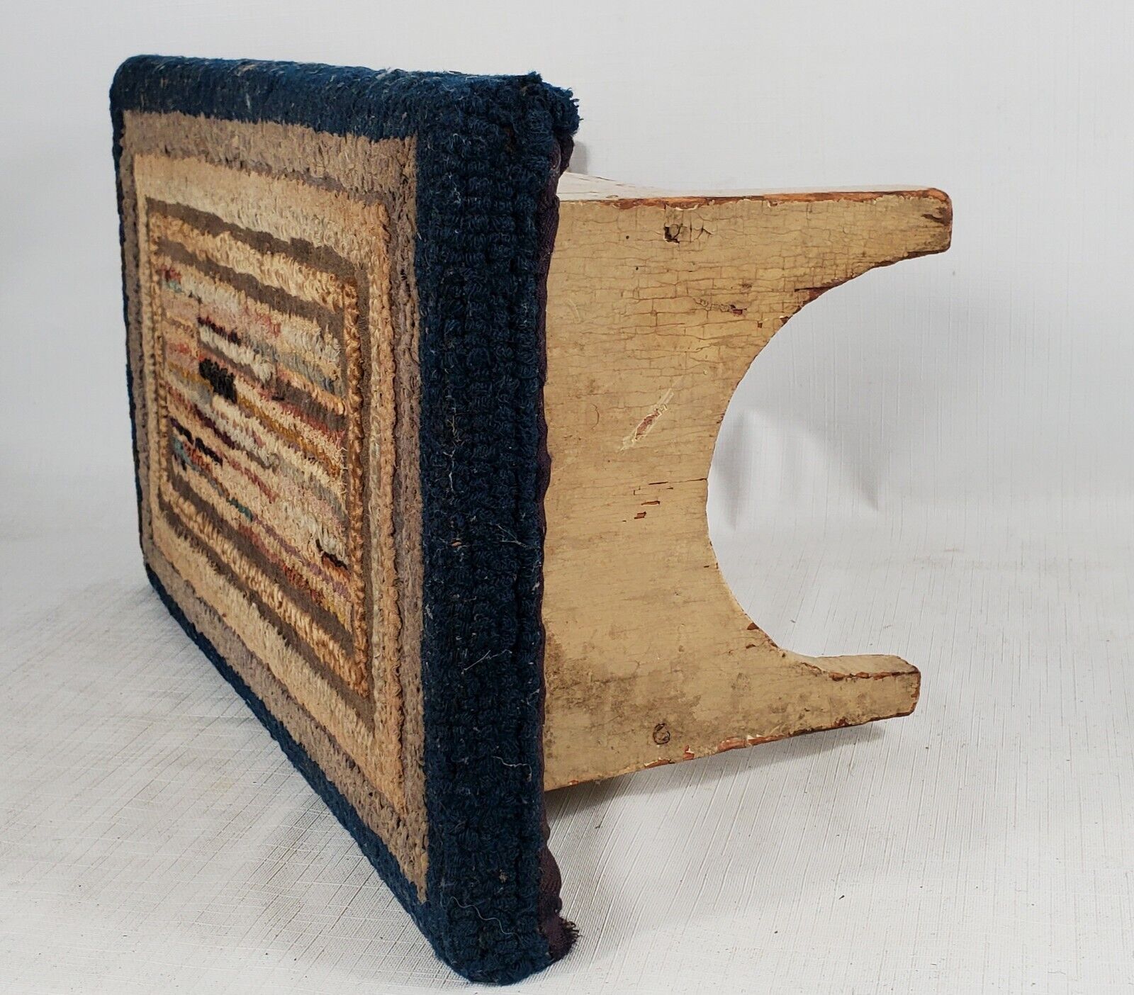 1800s Antique Wood Footstool with Hooked Rug