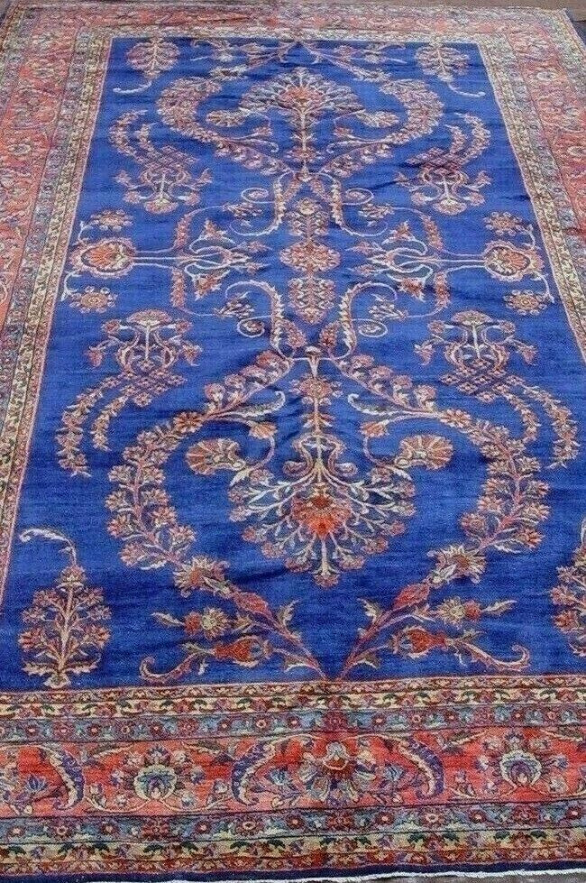Antique 1900s Sarouk Blue Hand-Knotted Oriental Rug