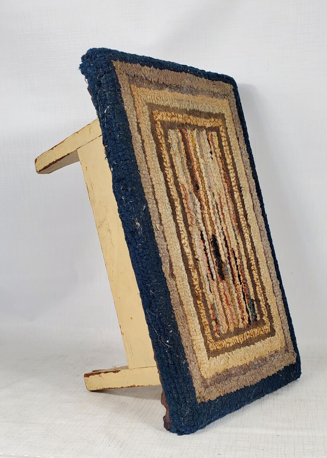1800s Antique Wood Footstool with Hooked Rug