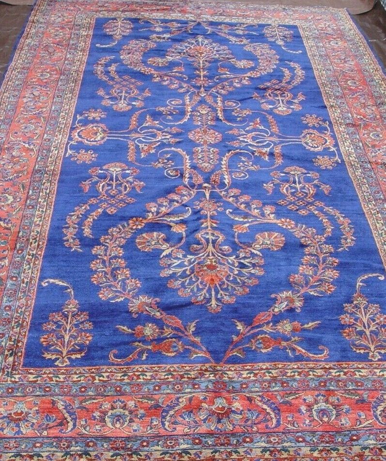 Antique 1900s Sarouk Blue Hand-Knotted Oriental Rug