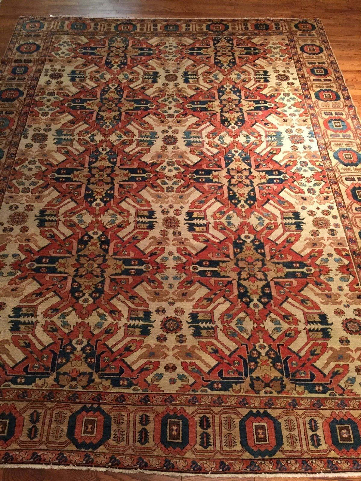 1850s Antique Handmade Heriz Serapi Carpet Rug 15x12