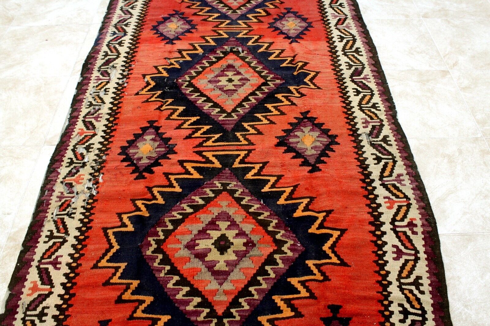 Rare 1900s Hand-Knotted Caucasian Wool Kilim Rug