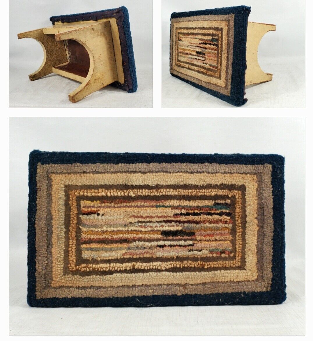 1800s Antique Wood Footstool with Hooked Rug