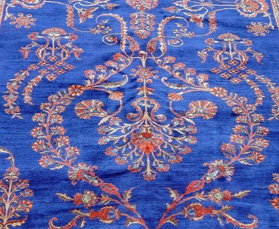 Antique 1900s Sarouk Blue Hand-Knotted Oriental Rug