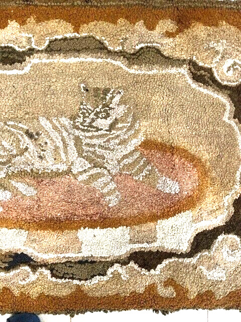 Antique Hooked Cat Rug, Late 19th Century