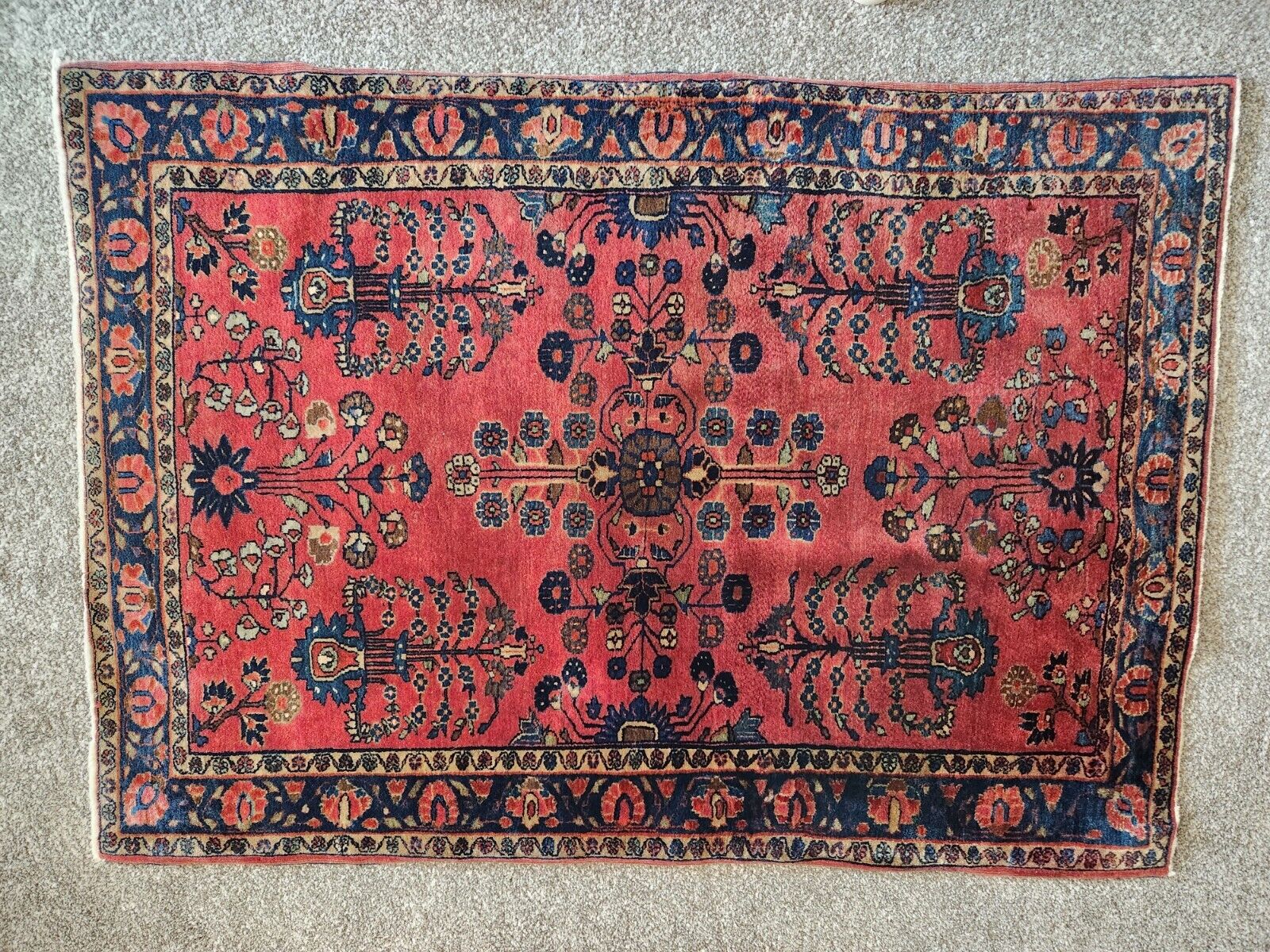 Antique 1900s Sarouk Mohajeran Red Rug 3'6" x 4'6