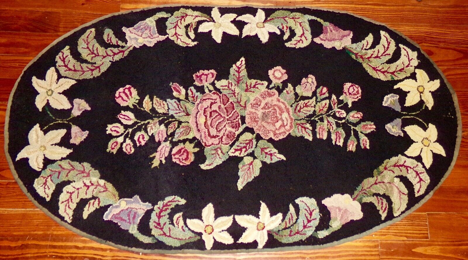 19th Century Floral Hooked Rug 31" x 55
