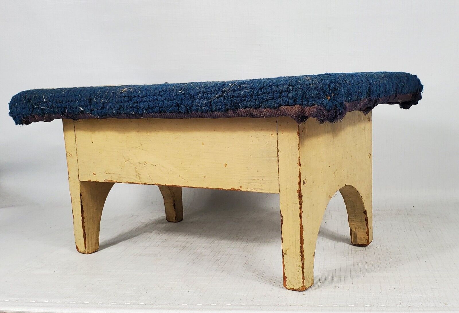 1800s Antique Wood Footstool with Hooked Rug