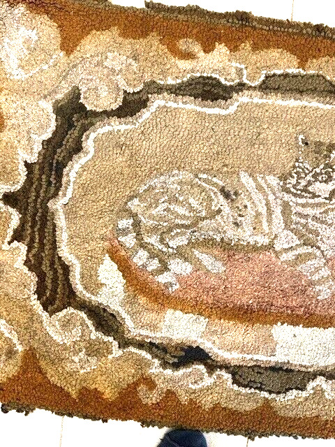 Antique Hooked Cat Rug, Late 19th Century