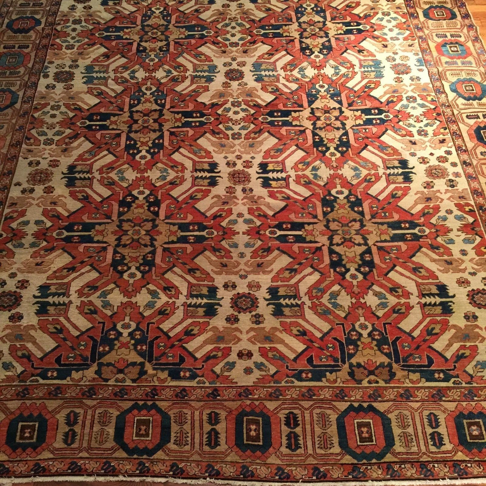 1850s Antique Handmade Heriz Serapi Carpet Rug 15x12