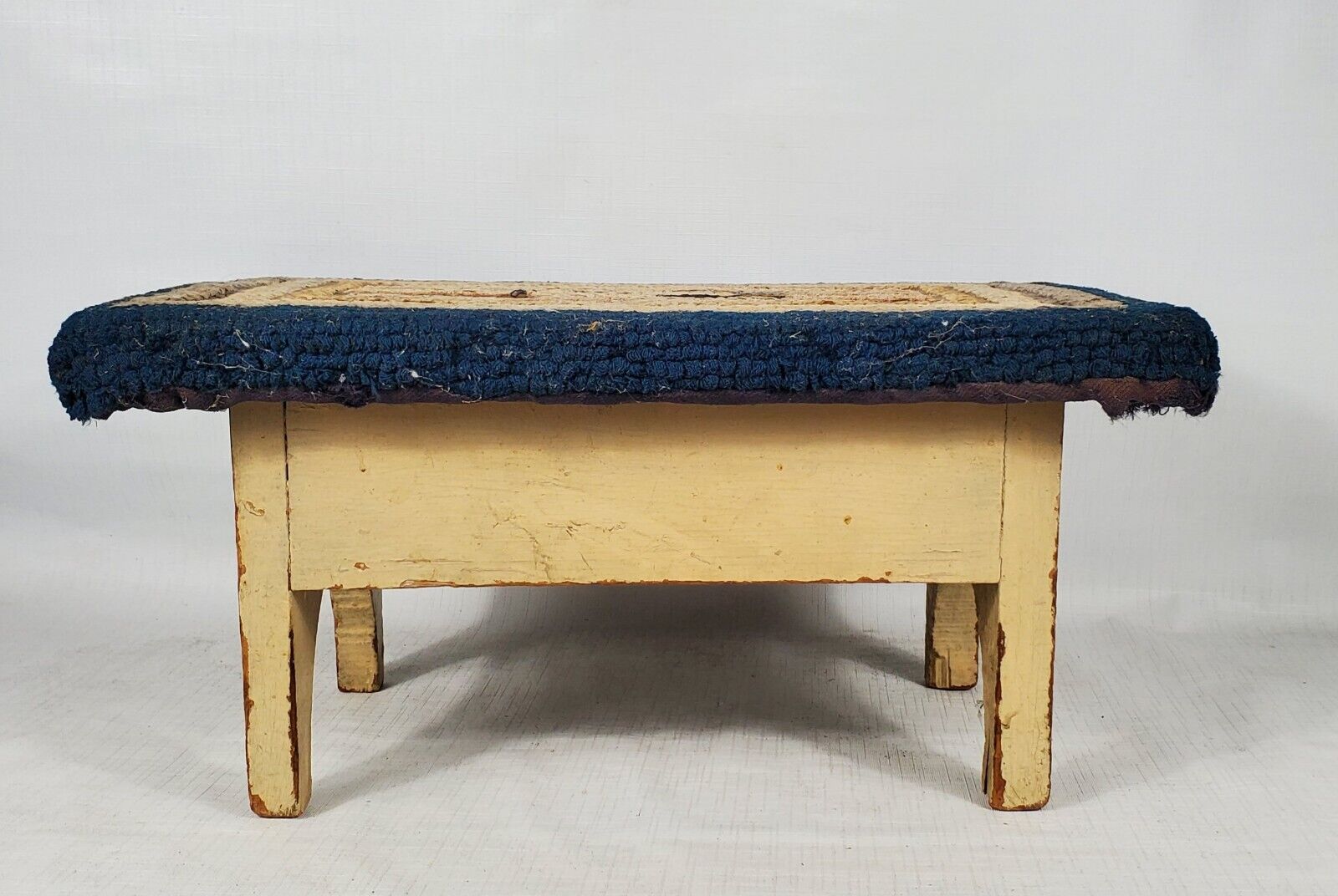 1800s Antique Wood Footstool with Hooked Rug