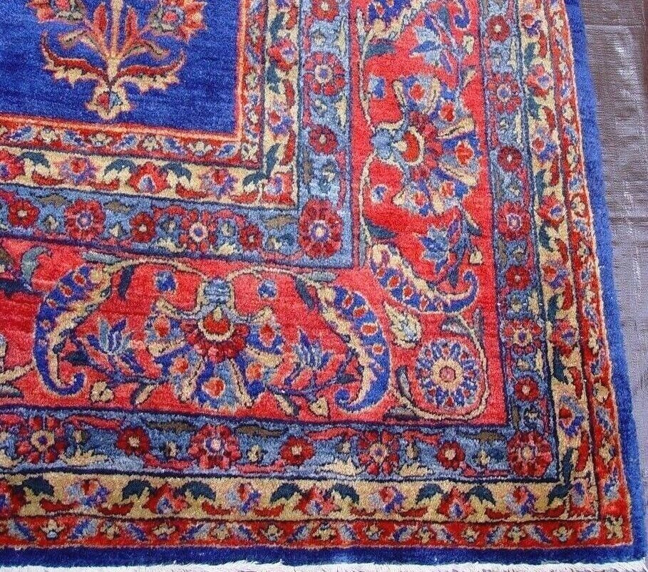 Antique 1900s Sarouk Blue Hand-Knotted Oriental Rug