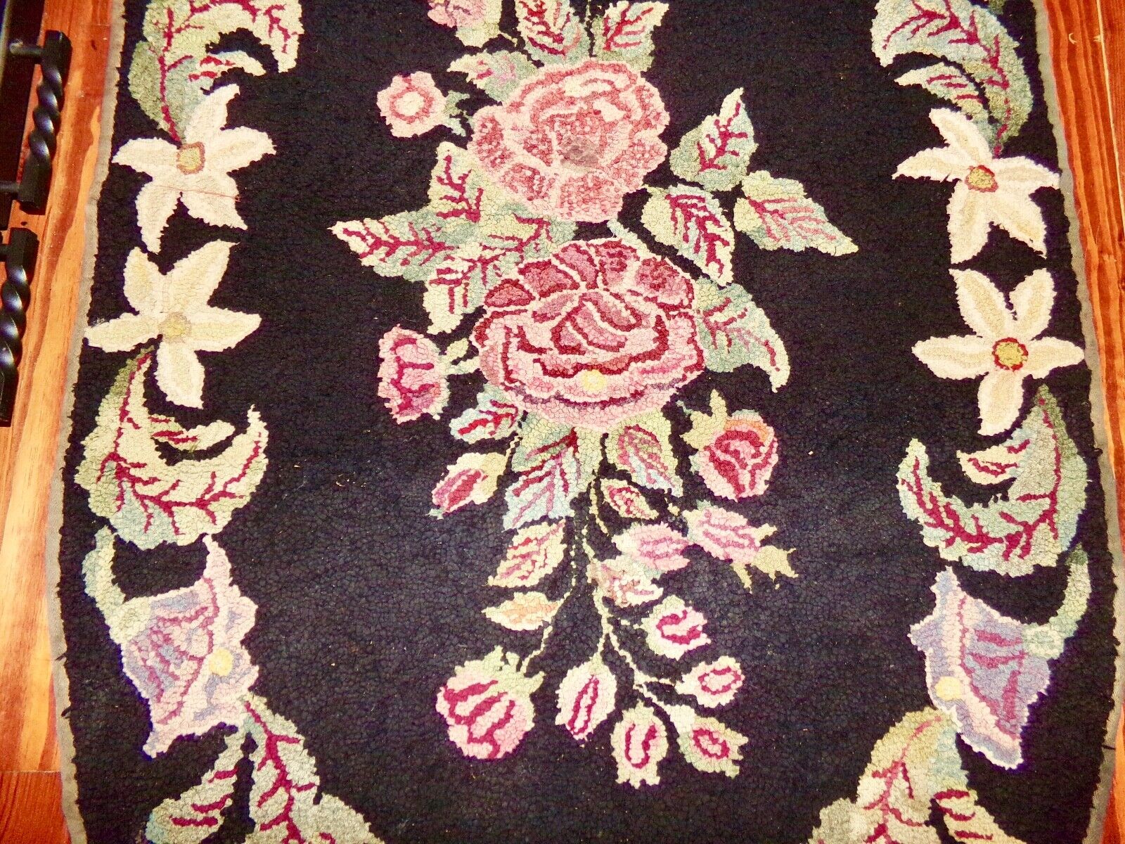 19th Century Floral Hooked Rug 31" x 55