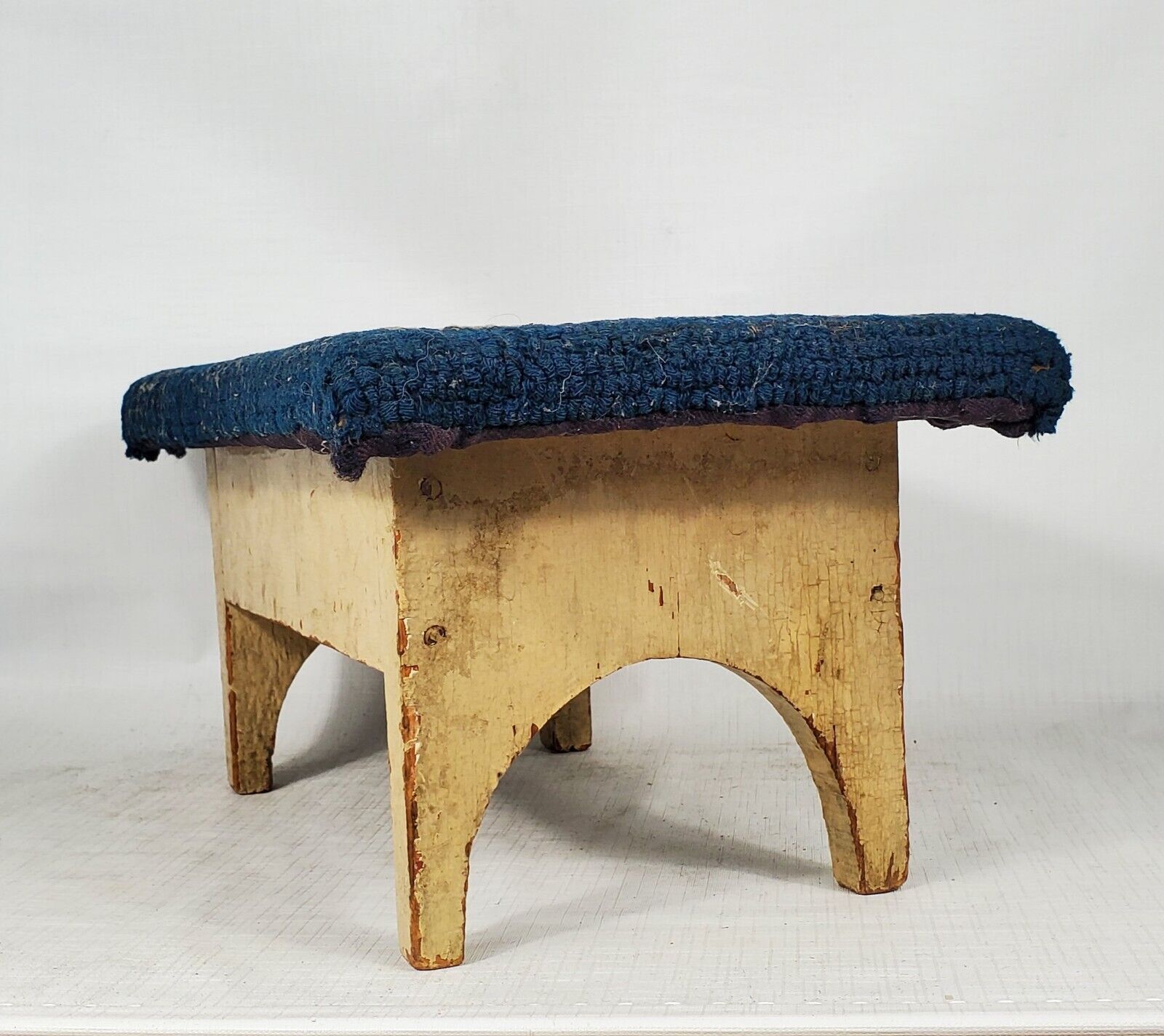 1800s Antique Wood Footstool with Hooked Rug