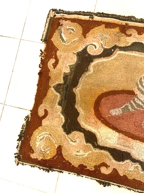 Antique Hooked Cat Rug, Late 19th Century
