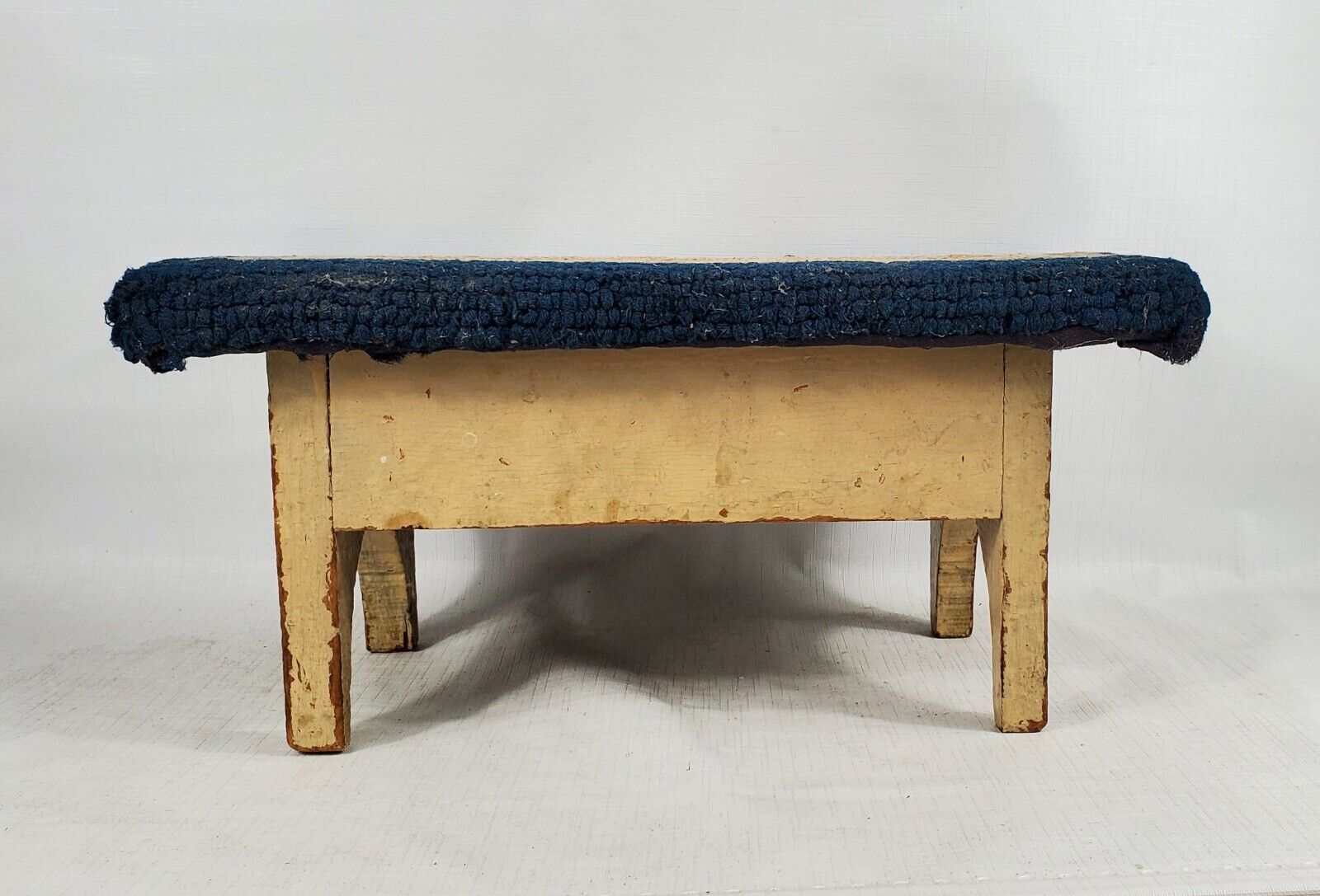 1800s Antique Wood Footstool with Hooked Rug