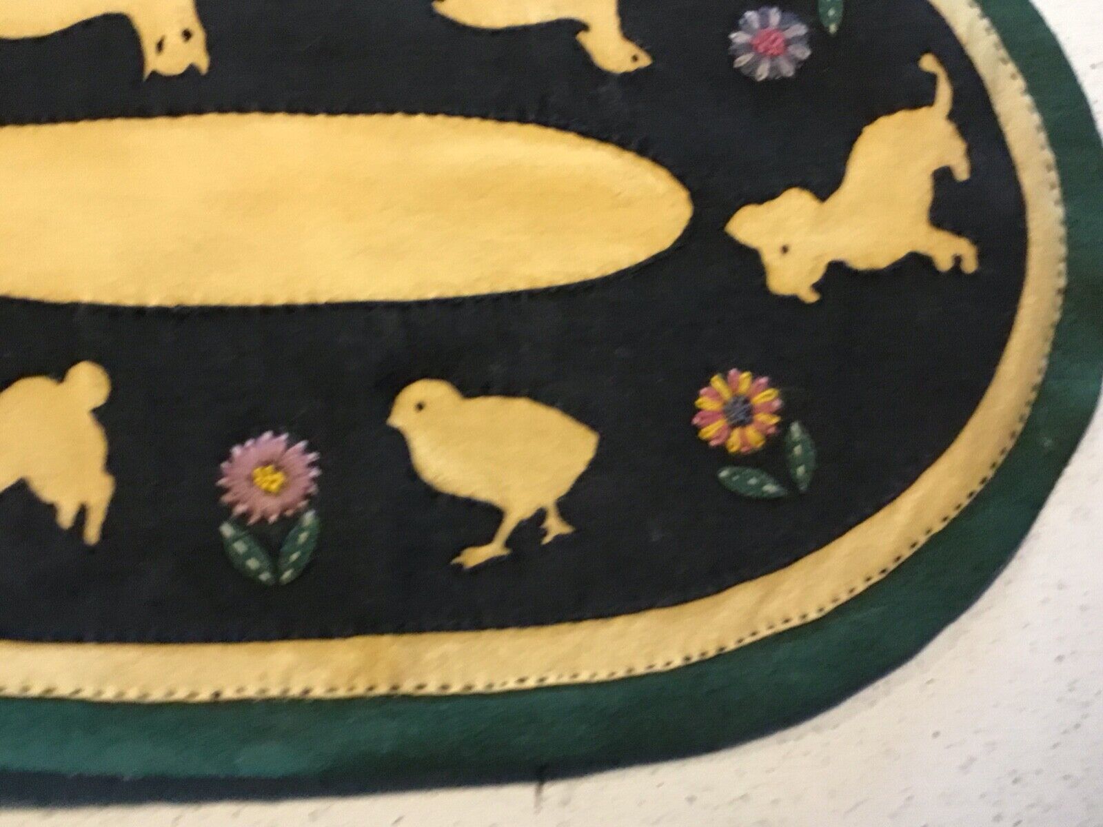 1800s Handmade Oval Penny Rug with Appliqued Animals