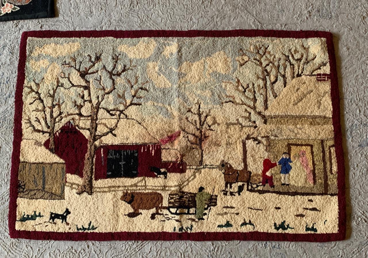 Grandma Moses Baby Winter Farm Antique Rug 1800s