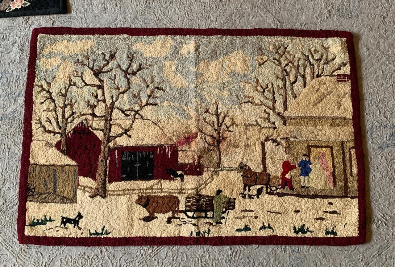 Grandma Moses Baby Winter Farm Antique Rug 1800s