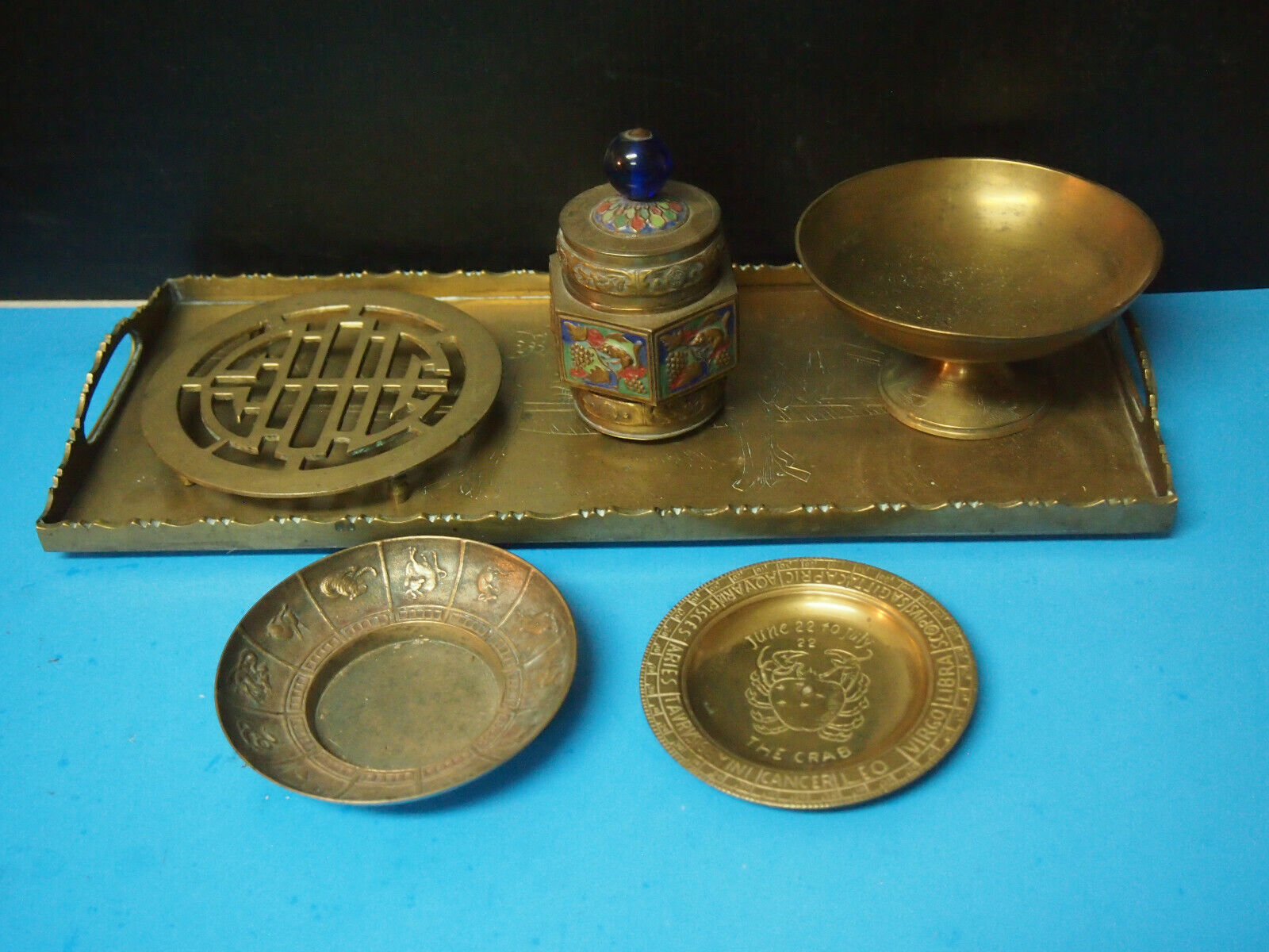 Antique Chinese Brass Tray with Engraved Design