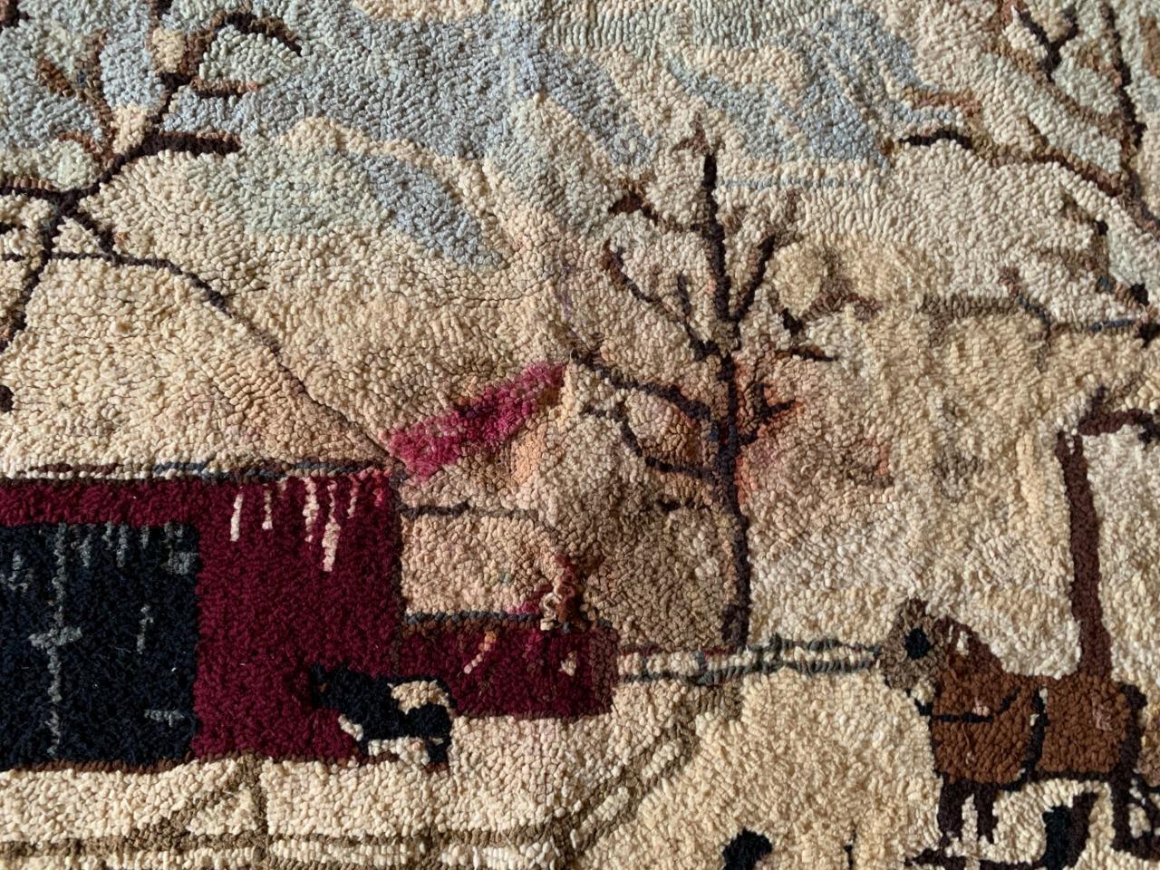 Grandma Moses Baby Winter Farm Antique Rug 1800s