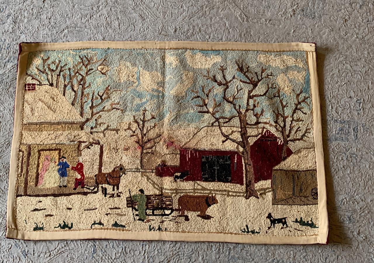 Grandma Moses Baby Winter Farm Antique Rug 1800s