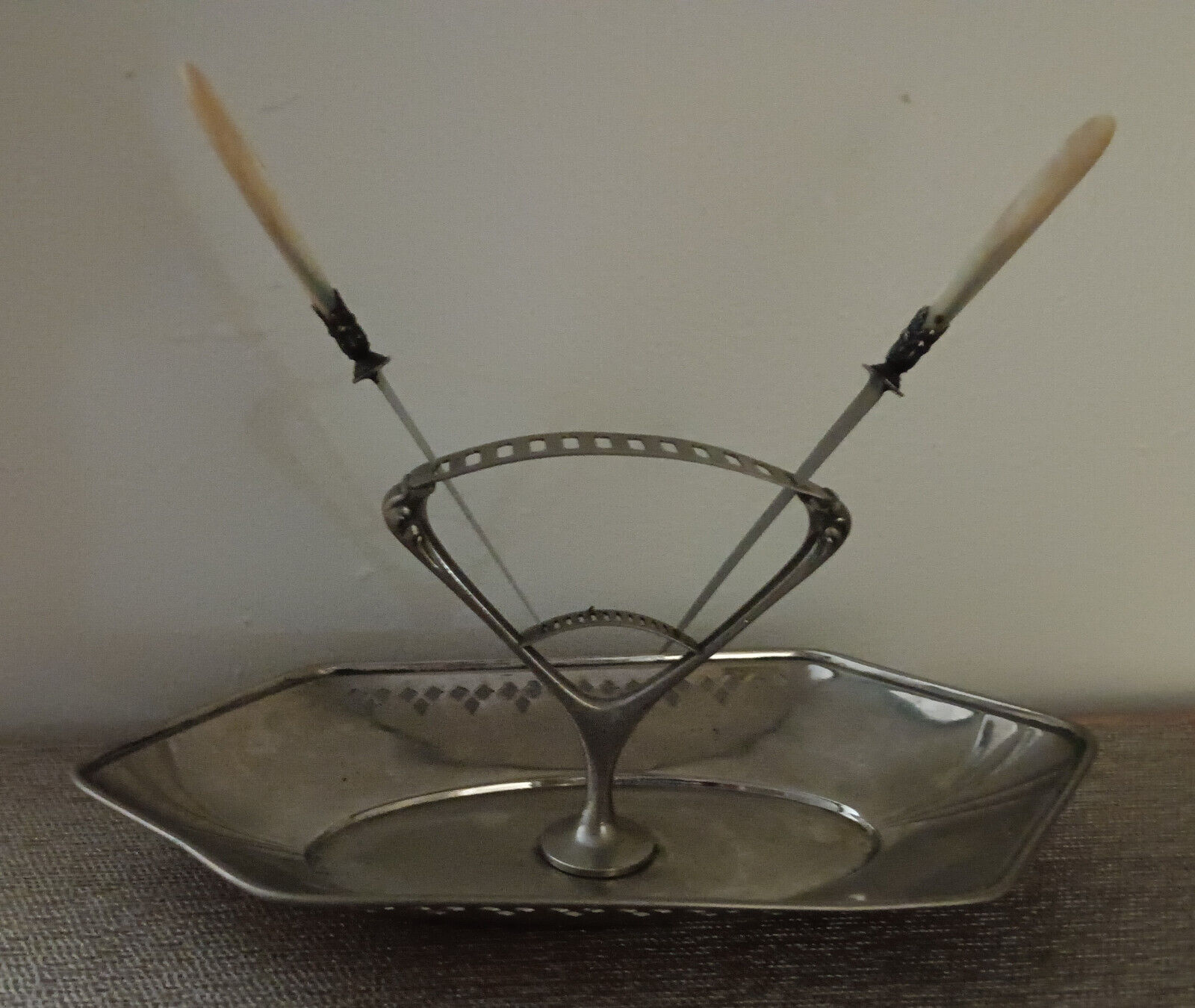 Art Deco Vintage Metal Fruit Basket with Knives