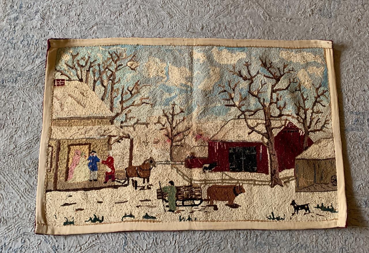 Grandma Moses Baby Winter Farm Antique Rug 1800s