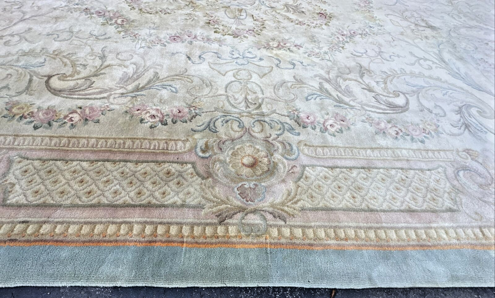 Antique French Savonnerie Kings Rug - Aqua 17x22