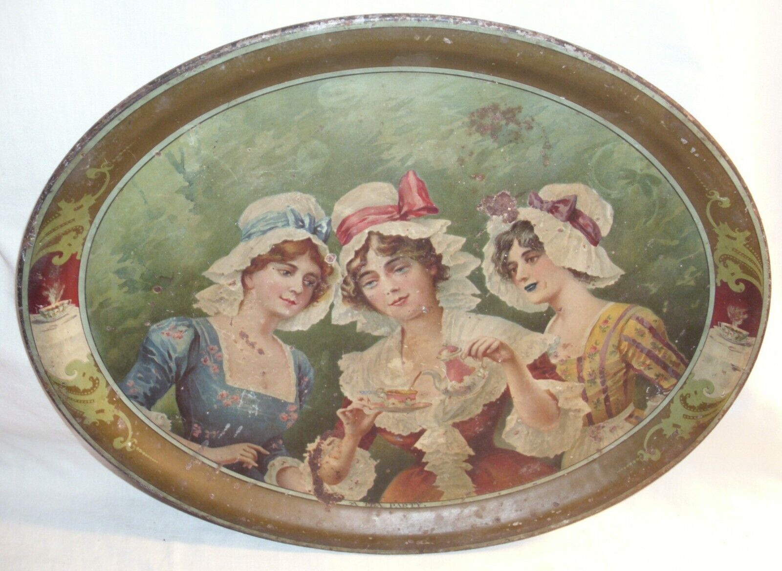 Victorian Tea Party Metal Oval Tray 1900s