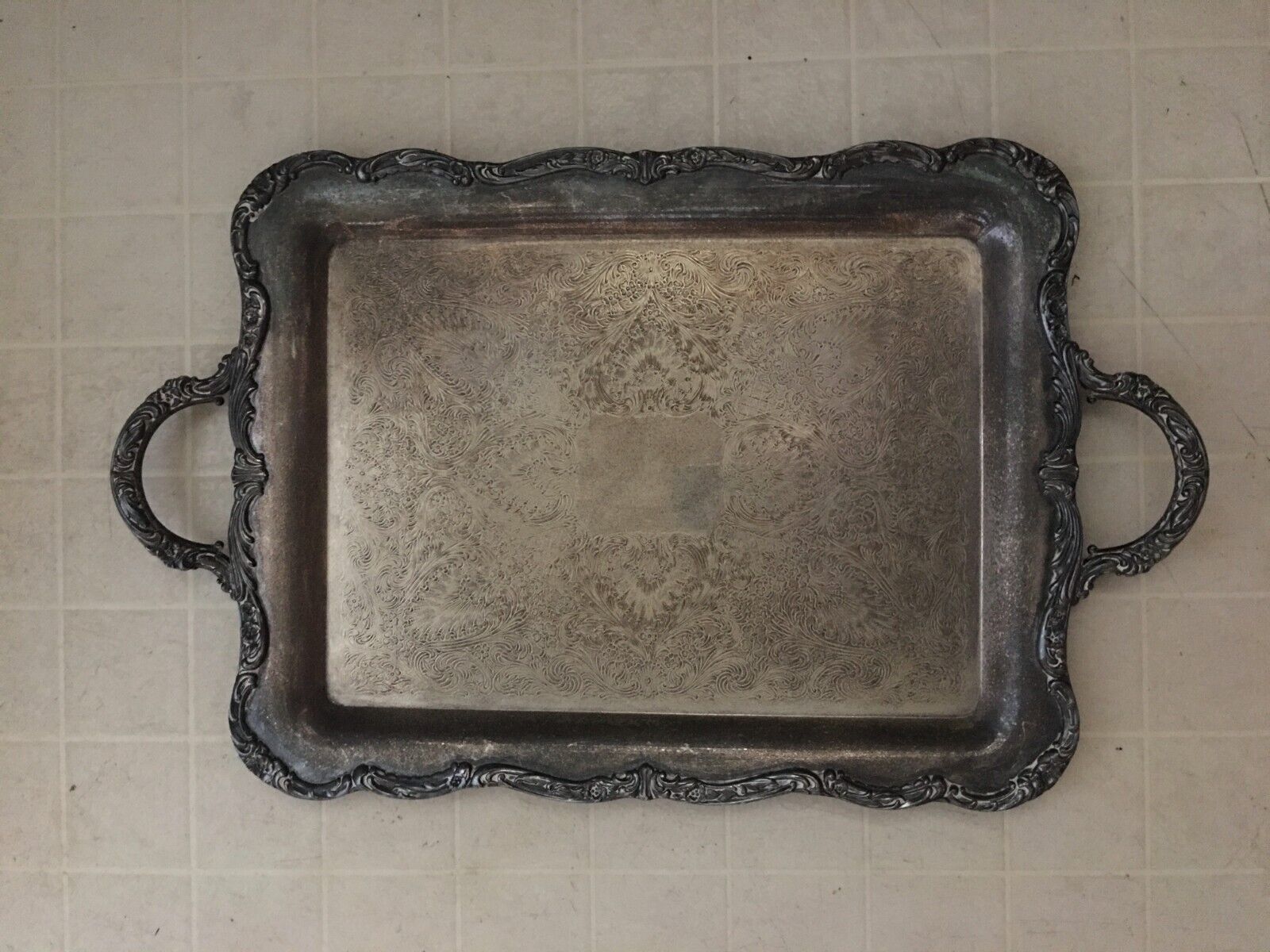 Antique Ornate Silver-Plated Floral Serving Tray