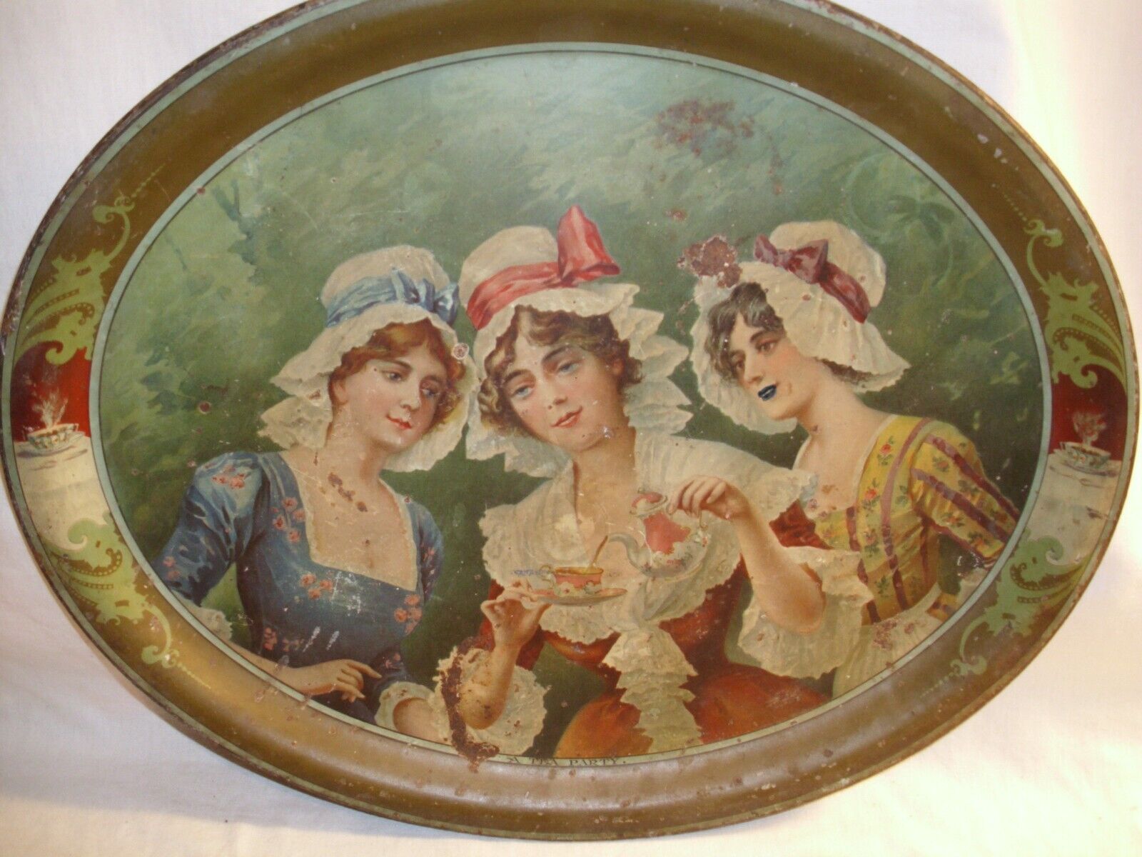 Victorian Tea Party Metal Oval Tray 1900s