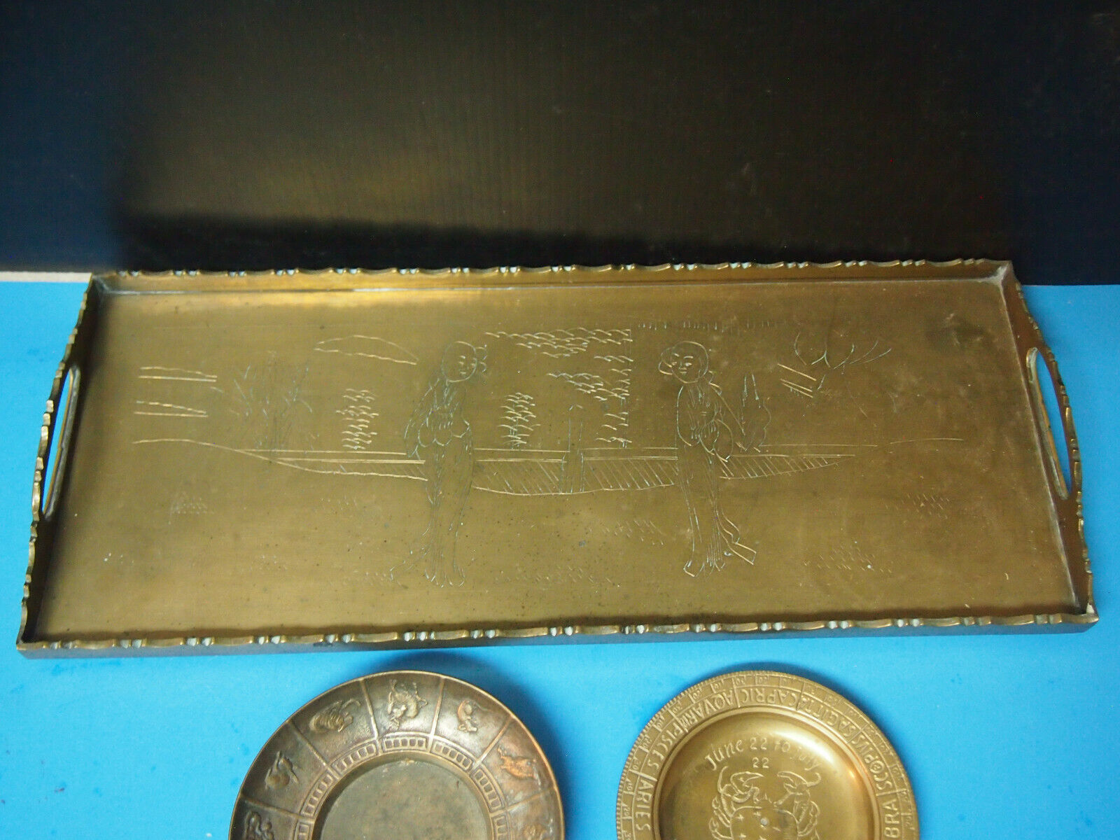 Antique Chinese Brass Tray with Engraved Design