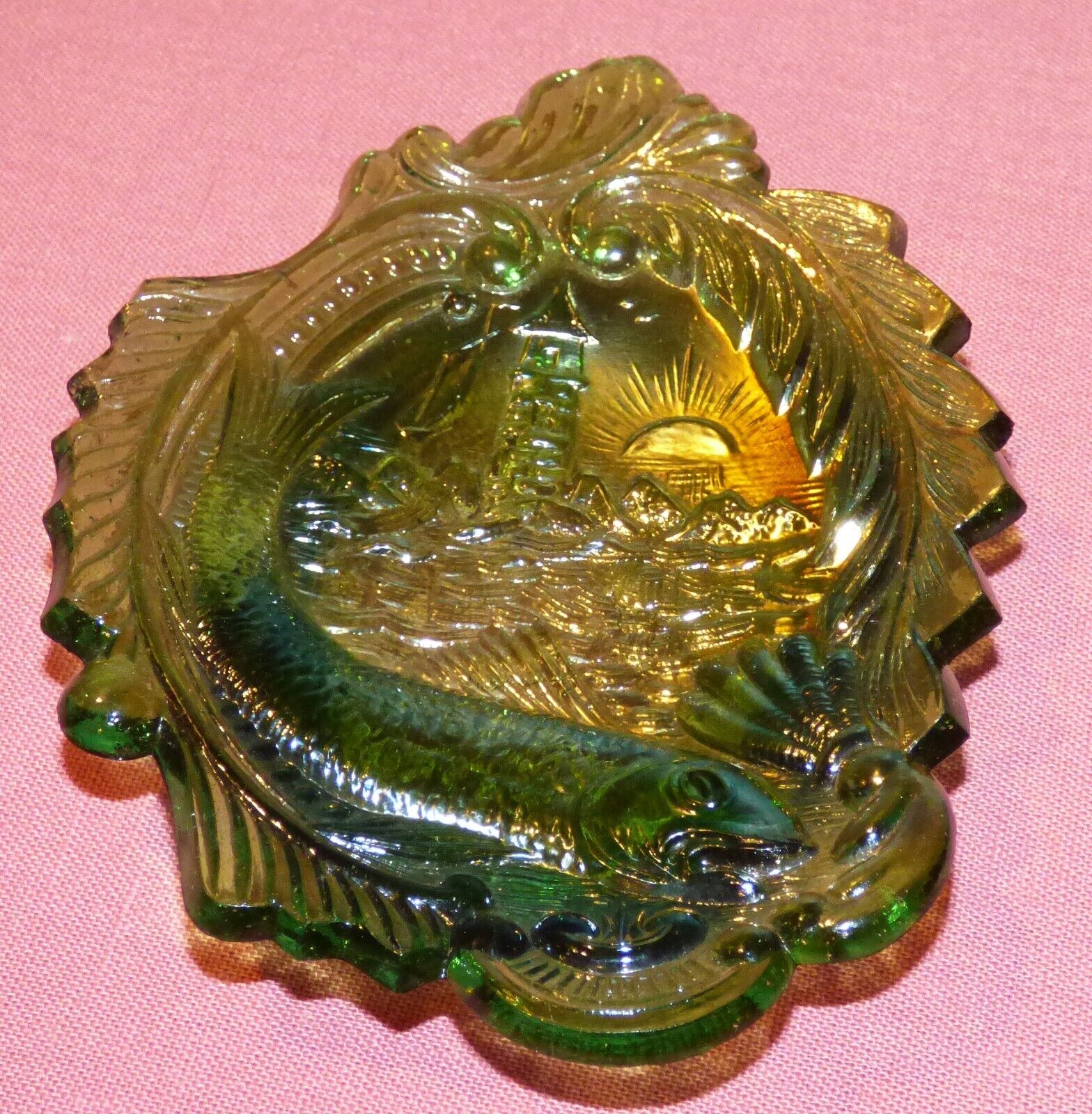 Antique Millersburg Green Carnival Glass Pin Tray