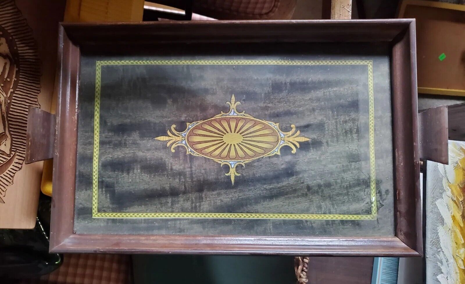 Antique 1900s Wooden Serving Tray with Glass Top
