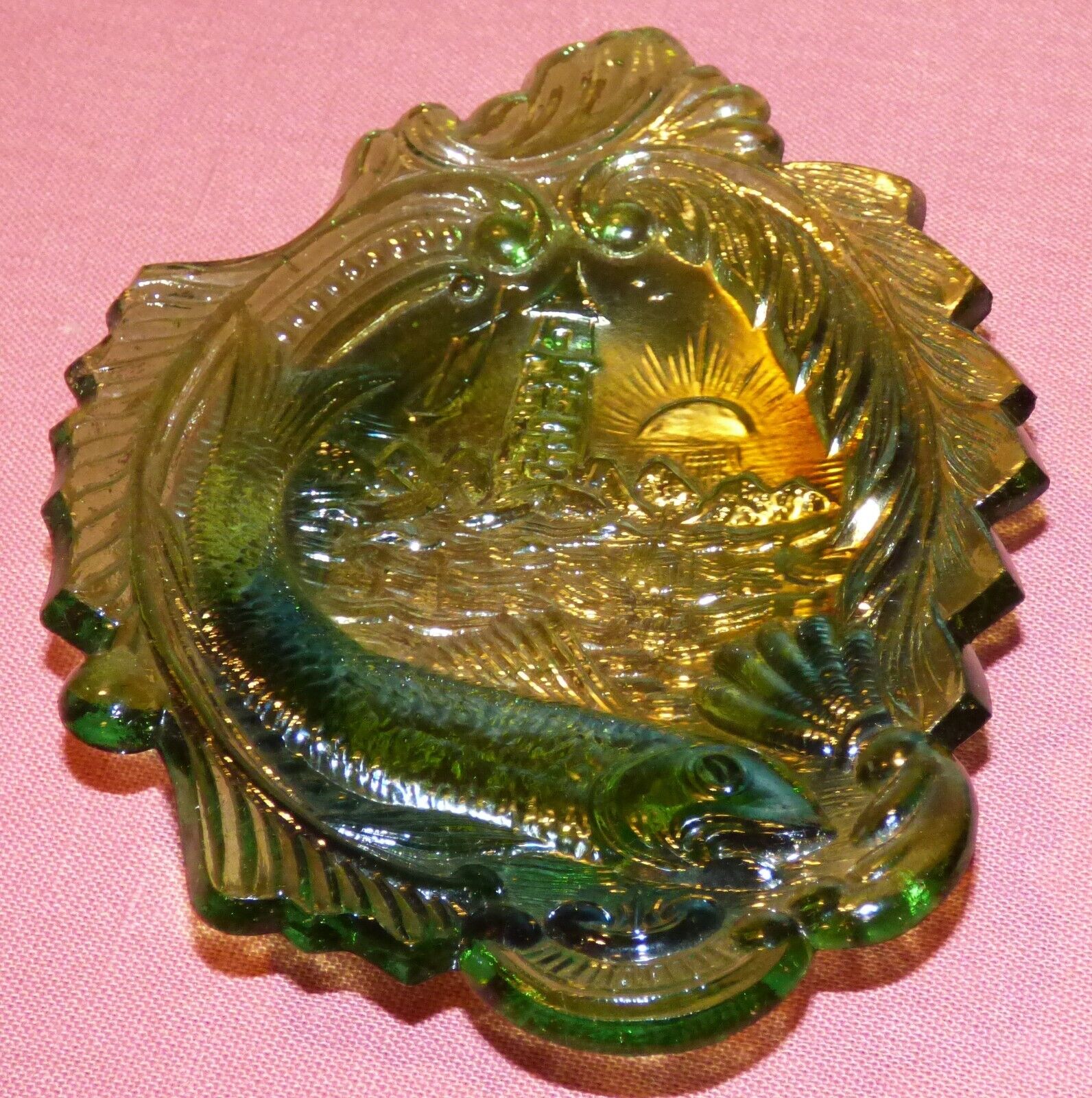 Antique Millersburg Green Carnival Glass Pin Tray