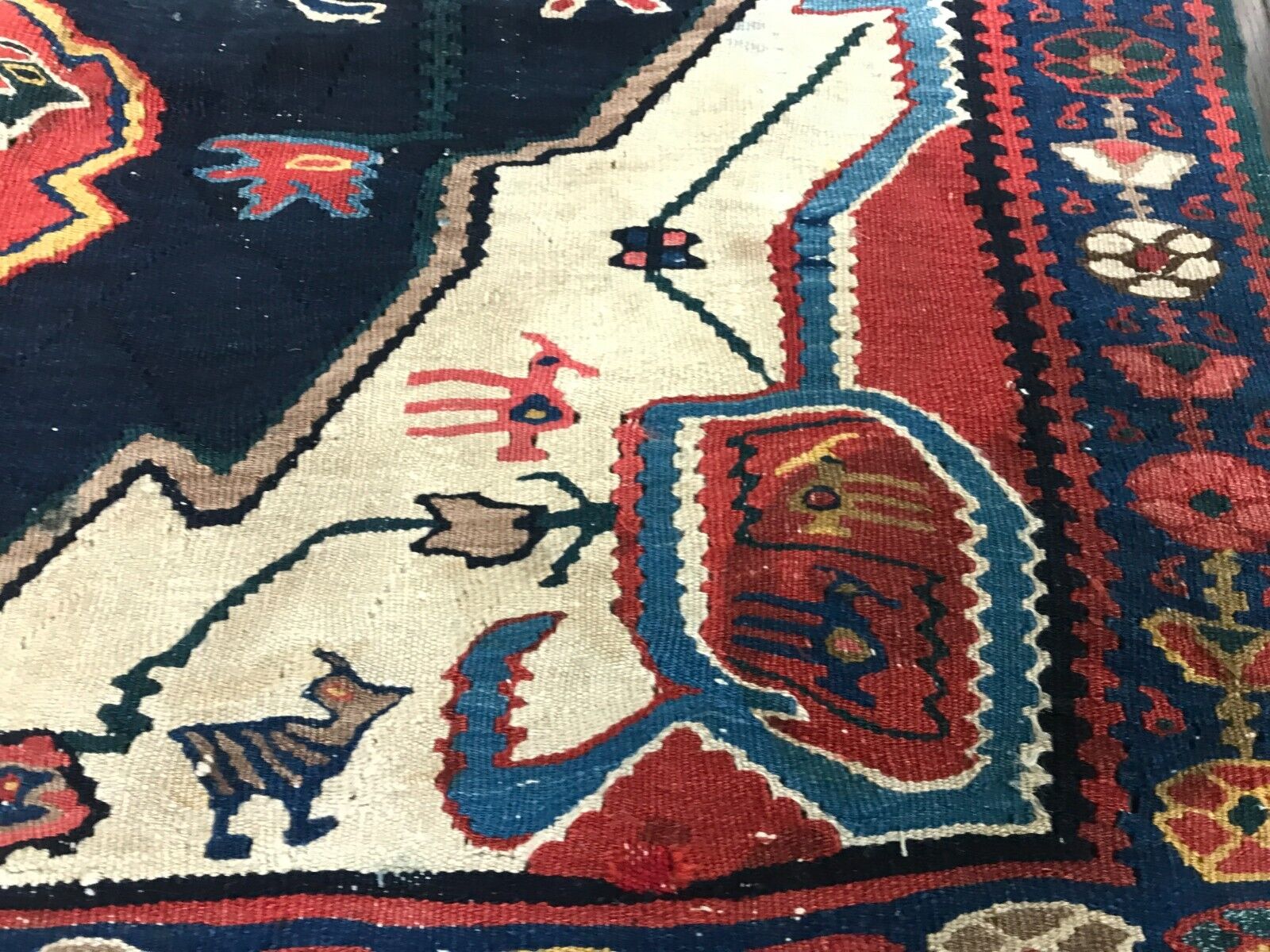 Antique Bijar Red Ivory Hand Knotted Wool Rug