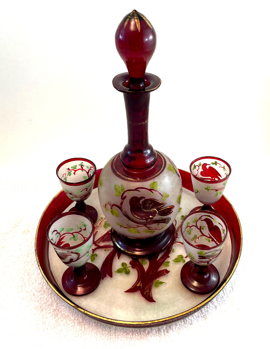 Bohemian Ruby Red Etched Glass Decanter Set