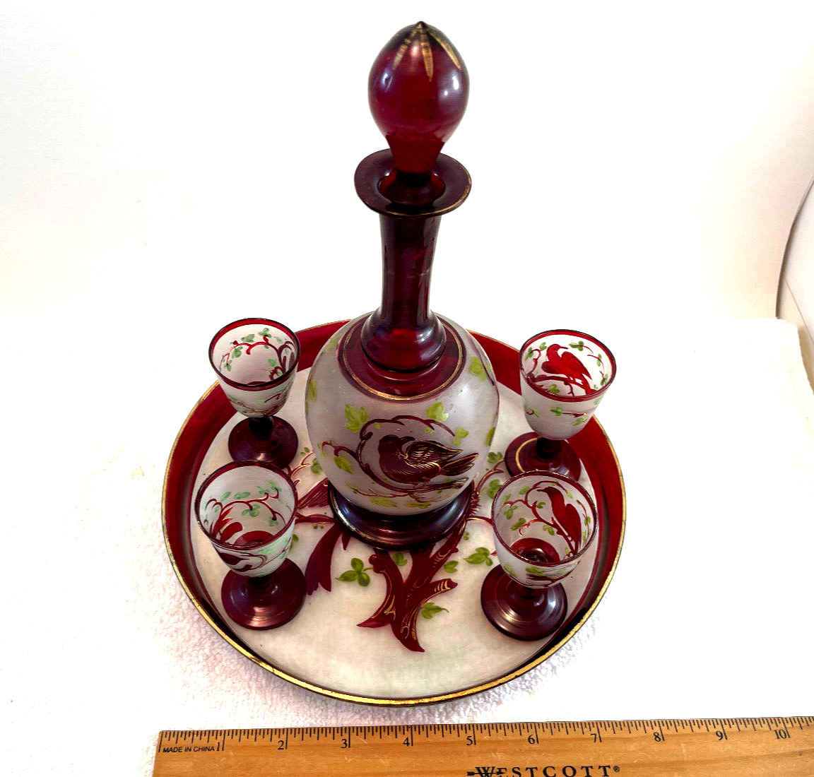 Bohemian Ruby Red Etched Glass Decanter Set