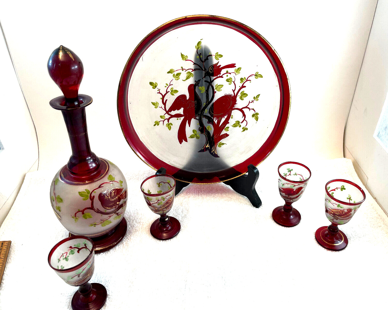 Bohemian Ruby Red Etched Glass Decanter Set