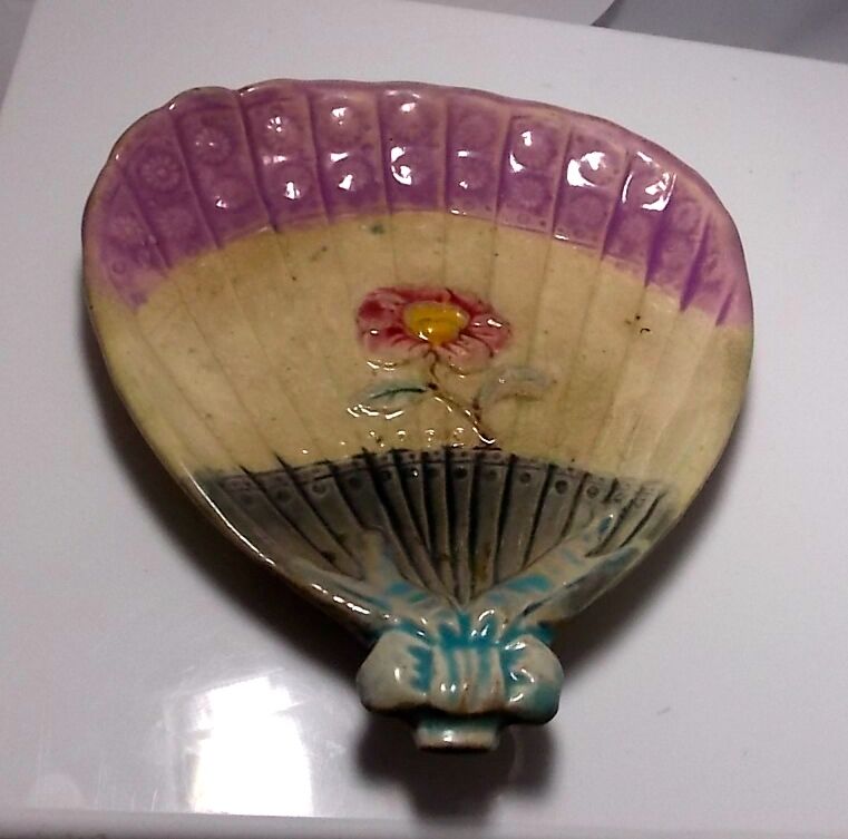 Antique Majolica Fan Calling Card Tray Dish