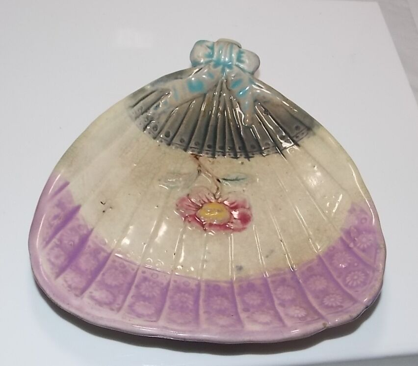 Antique Majolica Fan Calling Card Tray Dish