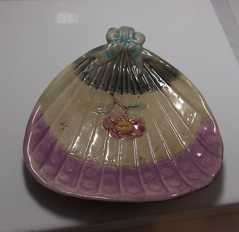 Antique Majolica Fan Calling Card Tray Dish