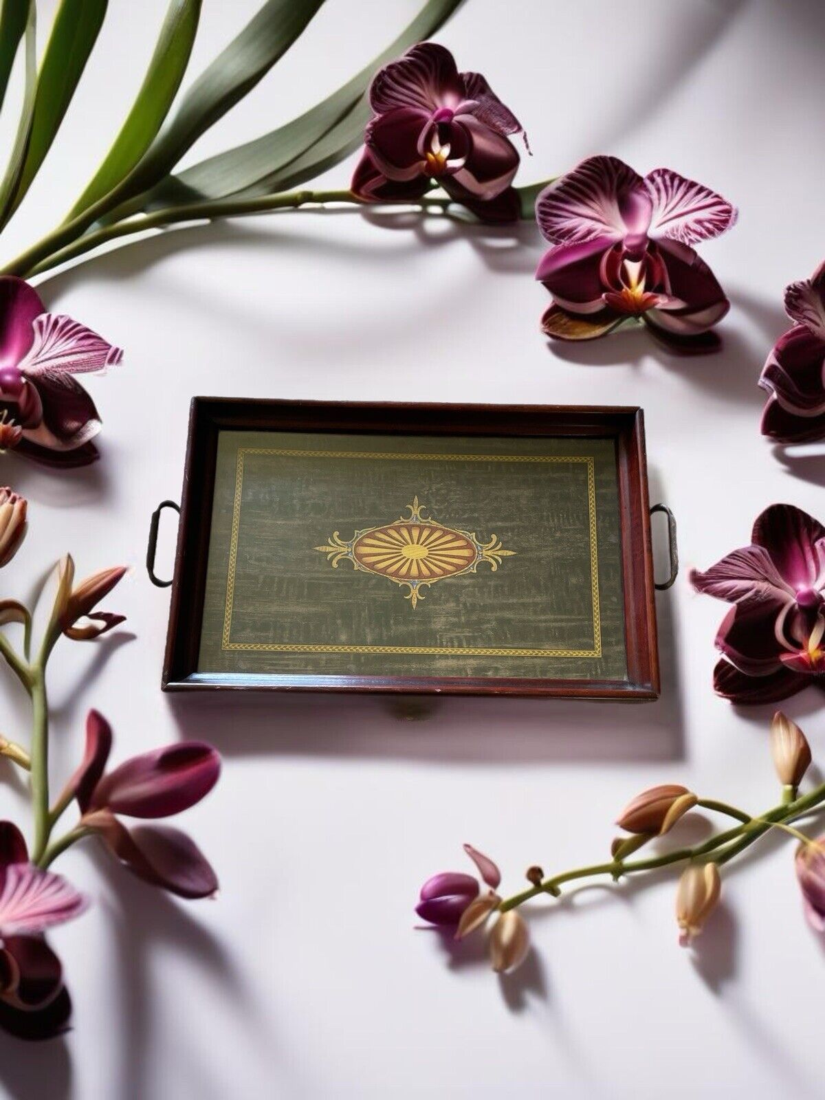 Vintage 1900s Wooden Serving Tray with Glass Top